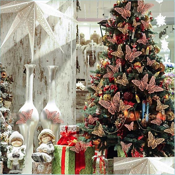 Weihnachtsdekorationen 12pcs/Los Weihnachten 3D -Effekt Kristall Schmetterlinge Wandaufkleber schöner Schmetterling für Baum ho Nerdsropebags500mg Dhik5