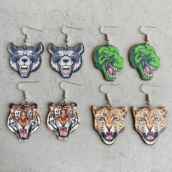 Baumelnde Ohrringe Trendy Holz Dinosaurier WOLF Leopard Tiger Gesicht Für Frauen Holz Wald Tier Schmuck Großhandel