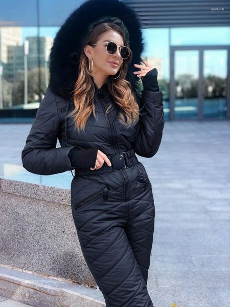 Trench da donna Tuta da sci con cappuccio in pelliccia Donna Elastico in vita Manica lunga Parka Giacca con zip in un pezzo Imbottito in cotone Casual invernale