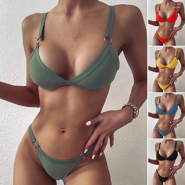 Set da gara Costume da bagno solido Micro-Bikini sexy a triplo angolo Costume da bagno elegante senza schienale da donna Abbigliamento da spiaggia sportivo