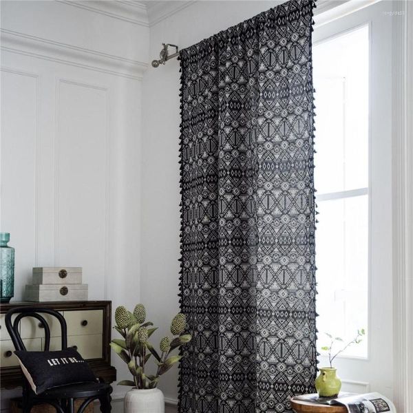 Vorhang, 1,5 m breit, Jacquard, geometrisch, schwarz, mit Fransen, Boho-Stil, Küche, Dorf, Erkerfenster, Halbschatten