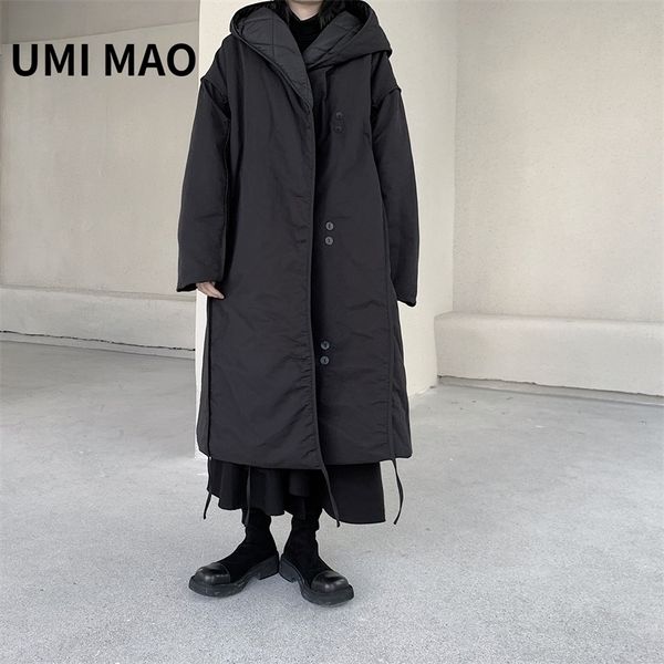 Womens Down Parka UMI MAO Yamamoto Dark Black Thicked Warm Cotton Abbigliamento Uomo Womens Hooded Thicked Winter Jacket Coat Midlength Y2K 220929