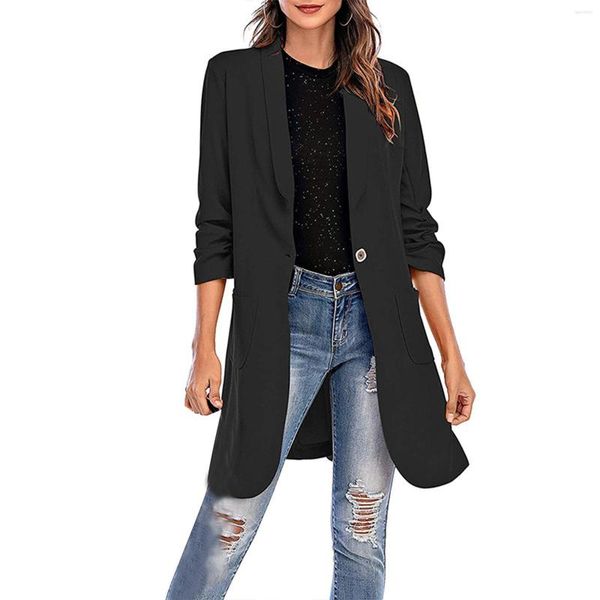 Abiti da donna Giacca blazer lunga da donna Tinta unita Manica a tre quarti Abito con risvolto Bottone singolo Primavera Autunno Ufficio da donna