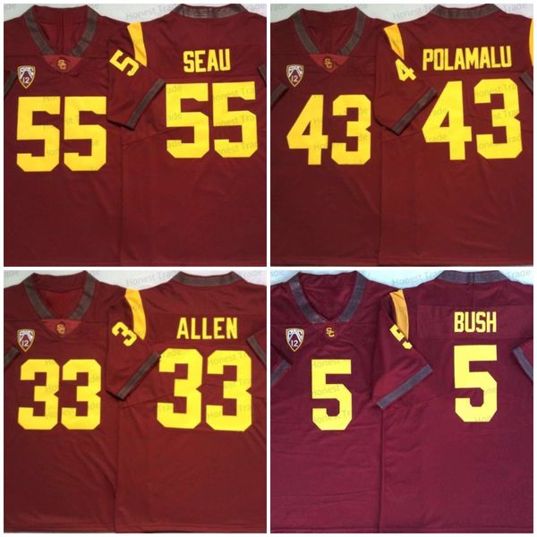 USC Football Jersey Trojans Troy 55 Junior Seau 5 Reggie Bush Polamalu 32 OJ Simpson Kırmızı Kolej Kırmızı Beyaz Erkek Formaları Dikişli