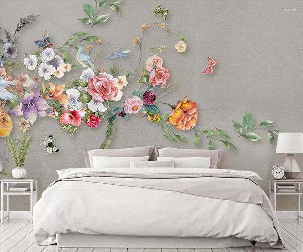 Sfondi Carta da parati murale 3D su larga scala personalizzata Pittura murale minimalista nordica dipinta a mano con fiori e farfalle