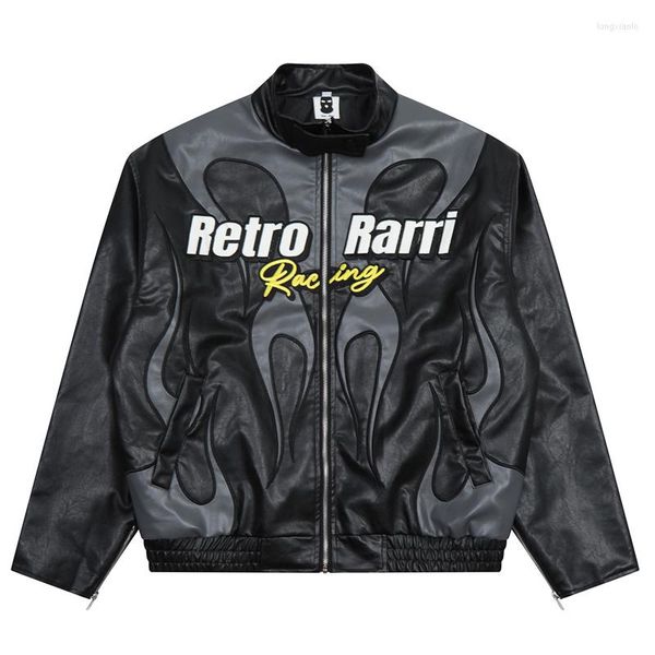 Jackets masculinos de jaqueta gótica de jaqueta bordada de chama de couro pu do moto de couro de luto de luto de rua vintage 2022 Bomber Varsity Caats