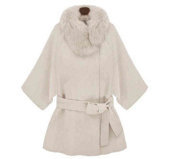 tessuti misto lana cashmere imitato collo di pelliccia cappotto medio-lungo moda donna beige bianco XS-2XL T220810