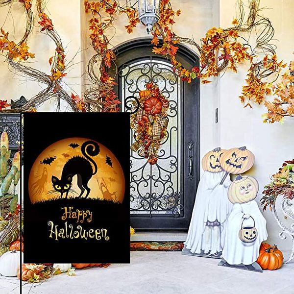 Bandeira do jardim do gato de Halloween Fall House Farmhouse Moon Bat preto 12,5x18 polegadas