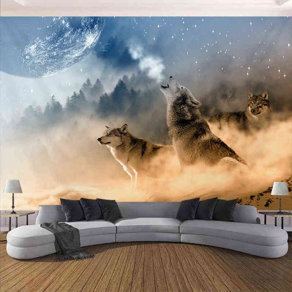 Stammes-Tierblätter Wolf Tapisserie Hintergrund Decke Home Decor Psychedelic Wandbehang Tapiz J220804