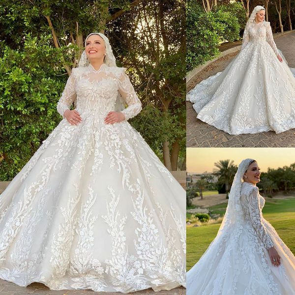 Abito da ballo musulmano Abito da sposa Collo alto 3D Appliques floreali Perline Abiti da sposa a maniche lunghe Puffy Custom Made robe de soiree