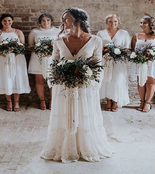 Hippies Pizzo Boho Abito da sposa Sexy scollo a V Manicotto a sbuffo Abiti da sposa spiaggia bohémien 2022 Chiffon senza schienale Abito da sposa da giardino all'aperto Robe De Mariage Vestidos Novia