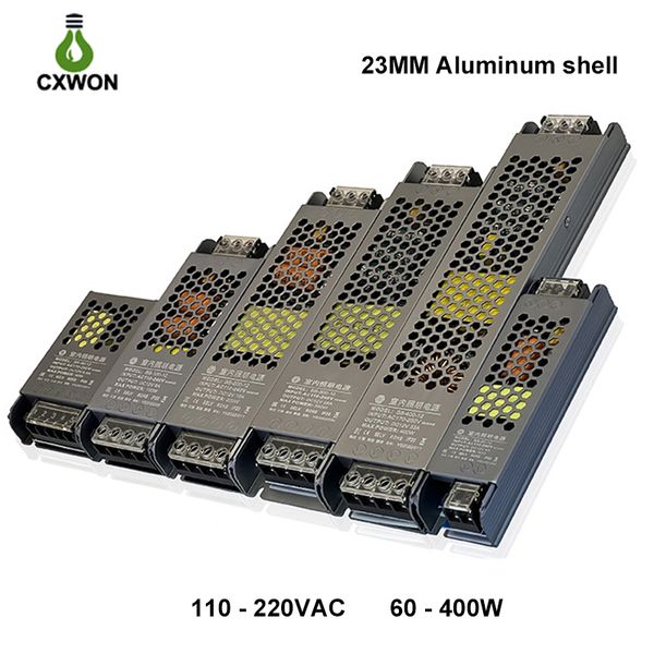 Fonte de alimentação LED ultrafina de 23 mm DC 12 V 24 V Transformadores de iluminação Concha de alumínio AC110-220 V Driver para luz de publicidade em tira interna