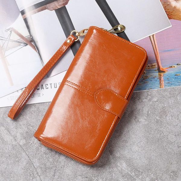 Brieftaschen Frauen Öl Wachs Leder Brieftasche Weibliche Geldbörsen Große Kapazität Haspe Zipper Geldbörse Damen Lange Wristlet Clutch Münze Karte HalterWallets