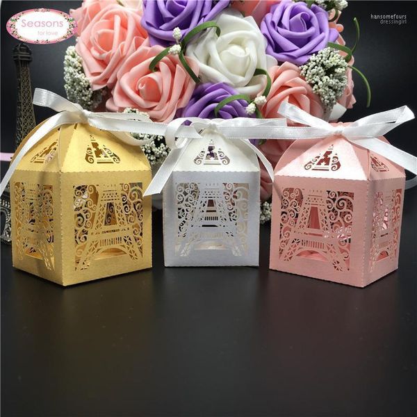 Wholesale- 50ps Laser Cut Paris Eiffel Tower Candy Chocolate Box Decorazione di nozze Forniture per feste di compleanno Bomboniere e regali Mariage1