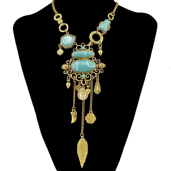 Colares de pingentes acessórios de jóias étnicas para mulheres étnicas exageradas Cadeia de cores Goldsilver Hollow Out Inclaid Stones colar W