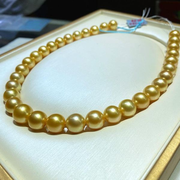 Ketten Riesige High-End-elegante 12-13mm natürliche Südsee echte goldene runde Perlenkette für Frauen SchmuckKetten KettenKetten