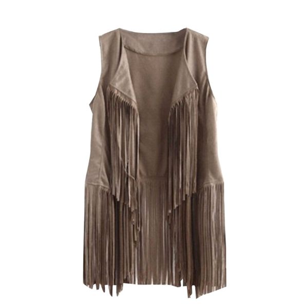 Mulheres Faux Suede Camurna Jaqueta com mangas com mangas longas Trassels Fringe 70