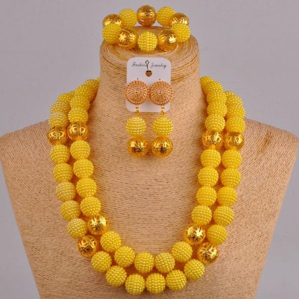 Ohrringe Halskette Gelbes afrikanisches Schmuckset 24 Zoll Kostüm Simulierte Perle Nigeria Hochzeitsschmuck FZZ61Ohrringe OhrringeOhrringe