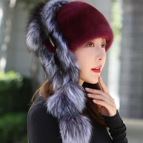 Boinas chapéus de pele de inverno mulheres elegantes quentes naturais de visita inteira tampas de luxo flafe de alta qualidade chapéu anti -neve fria hatberets