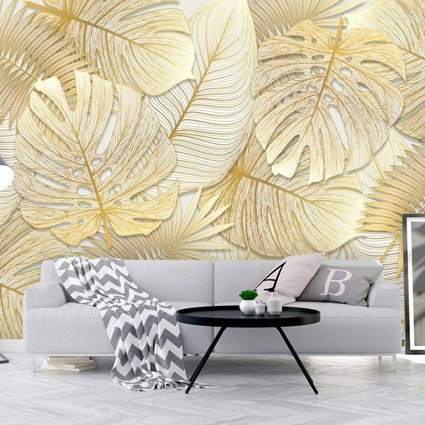 Murais de papel de parede 3D personalizados Murais tropicais da floresta tropical Pap papel de parede de folhas de banana dourada para quarto decoração de fundo da sala