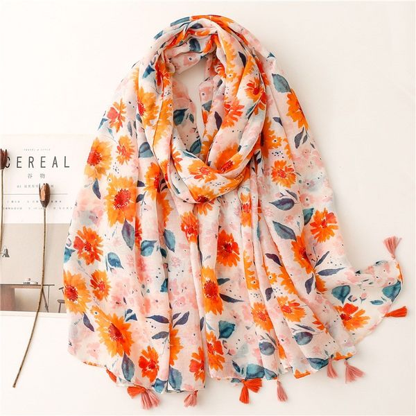 Frauen Spanien Mode Viskose Schal Schöne Sonnenblume Quaste Schal Wrack Hals Pashmina Winter Foulard Bufandas Muslim Hijab