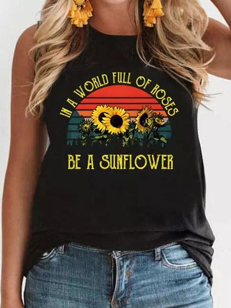 Женские танки Camis Vintage Sunset Sunflower Жилетом майки -майки вершина футболка без рукавов Женщины o Neck Street Стрельба для женской моды -моды.