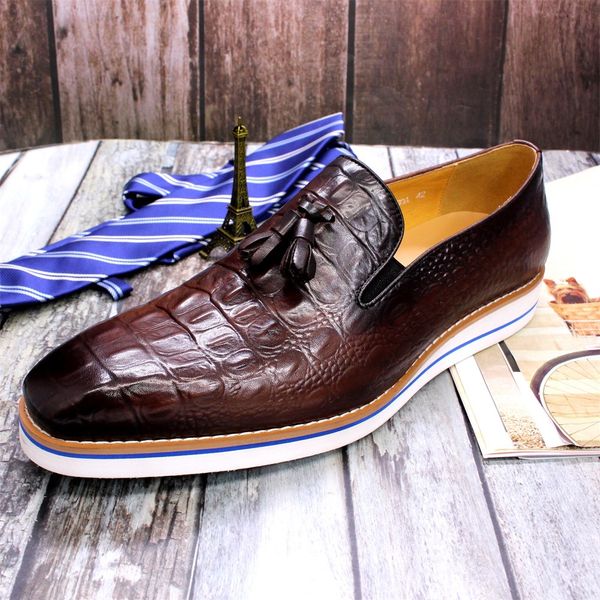Leder-Herrenschuhe mit Krokodilfransen-Loafers, Autonähen, lässige Einzelkopfschicht aus Rindsleder, große Schuhe A19