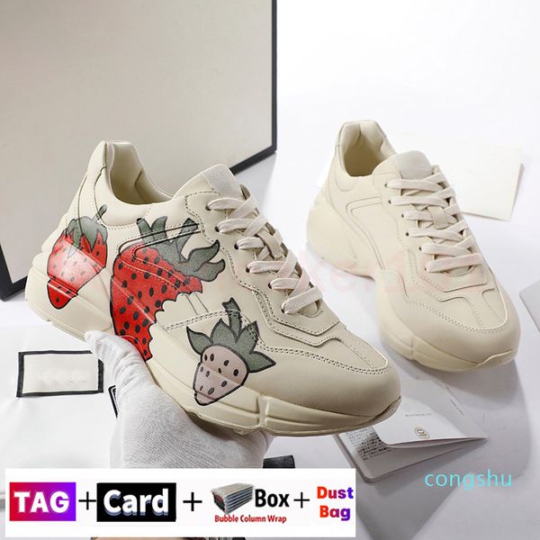 Moda uomo Donna Rhyton Scarpe casual Sneaker in pelle grossa Tennis rosso Stampato glitter arcobaleno stampato Sneakers da uomo interlock Strawberry cat Womans Trainer333