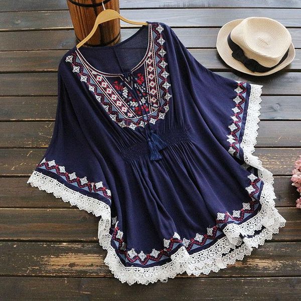 Camicette da donna Camicie Donna Estate Retro Stile Boho Ricamo Mantello Top Cotone allentato Orlo in pizzo Manica a pipistrello Kimono Camicia Blusa FemininaWome