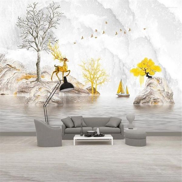 Milofi Custom Wallpaper Wandbild moderner Modlicht Luxusstein f￼r Fortune Tree Elche Marmored Landscape Hintergrund Wall1