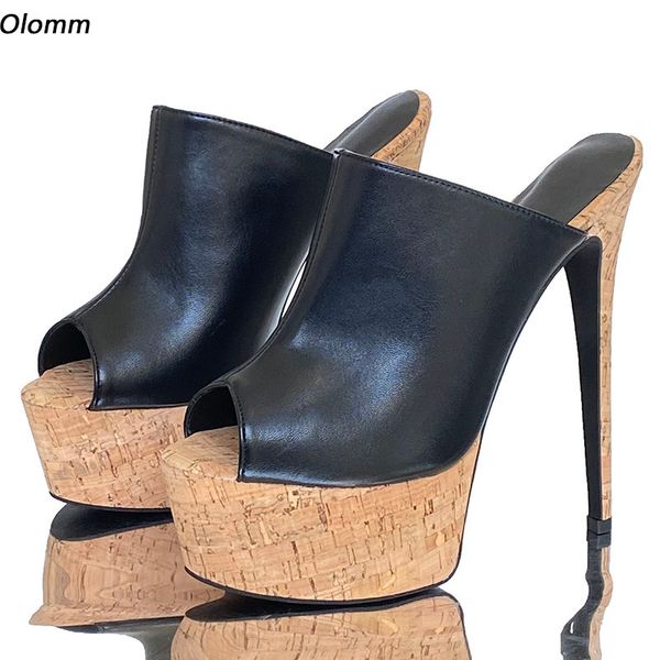 Olomm Handmade Women Platform Mules Sandals Cork Ultra High Heels Peep Toe Classics Black Casual Shoes Ladies Us Plus Tamanho 5-20