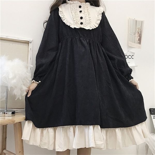 Estilo japonés Otoño Vestidos para mujer Oneck Cintura alta Adelgazamiento ContrastColor Ruffled Sweet Lolita Vestido Kawaii Ropa 220811