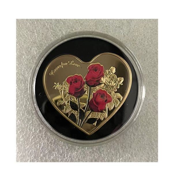 50 unità di colore misto Regali di Capodanno Anello a forma di cuore con rosa Amante Matrimonio Moneta d'oro in argento San Valentino Ricordo commemorativo di Natale.cx