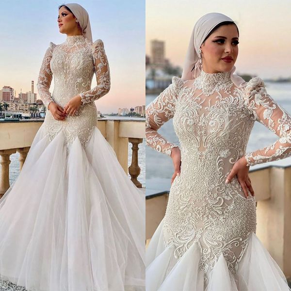 Abito da sposa a sirena con applicazioni floreali 3D Abito da sposa in pizzo a maniche lunghe con collo alto musulmano Abiti da sposa Robe De Mariee Immagine reale