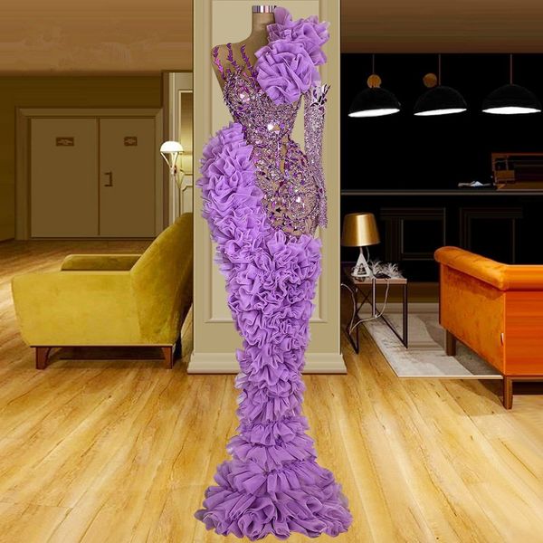 Lavendel geschichtete Rüschen Ballkleider One-Shoulder-Perlen-Abendkleid nach Maß Meerjungfrau Tüll Spitze Frauen formelles Promi-Partykleid