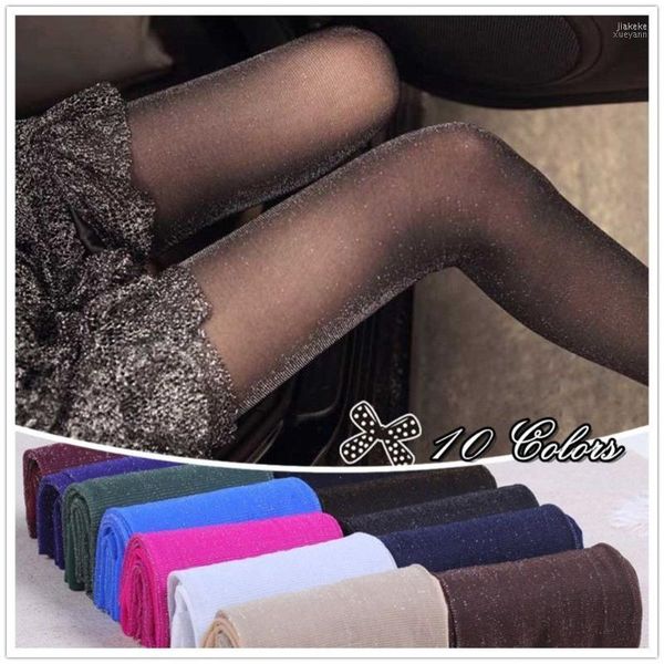 Socken Strumpfwaren Großhandel-10 Farben 20D Frauen Damen Sexy Strumpfhosen Frühling Herbst Bling Slim Bein Hohe Elastische Silber Seide Glitter strumpf Kostenloser