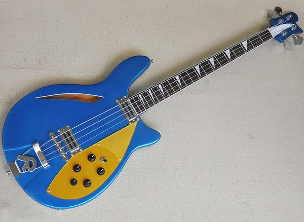 4 Strings Metallic Blue Semi-Hollow Bass Guitar com braço de pau-rosa pode ser personalizado