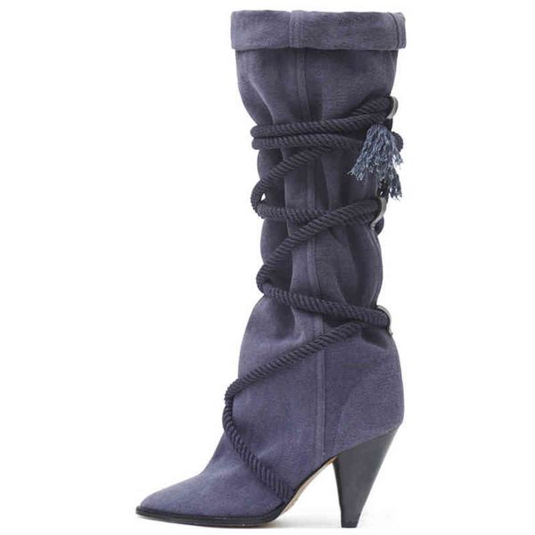 Botas novas mulheres retro camurça plissada tornozelo cruzado cinto de canto pontudo de dedo alto calcanhar alto sapatos de pista casual feminino para cima 220805