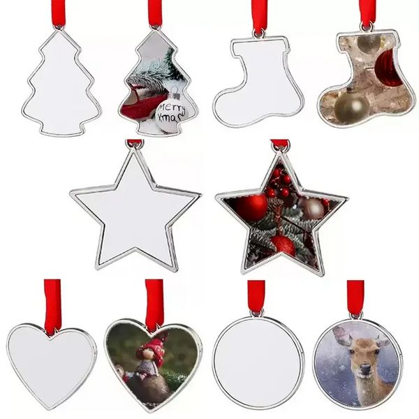 5 estilos sublimação em branco transferência de calor metal pingente de Natal pendurado ornamentos de natal decoração de árvore de árvore pingente meias/amor/estrela/rodada para festa de casamento c0811x0