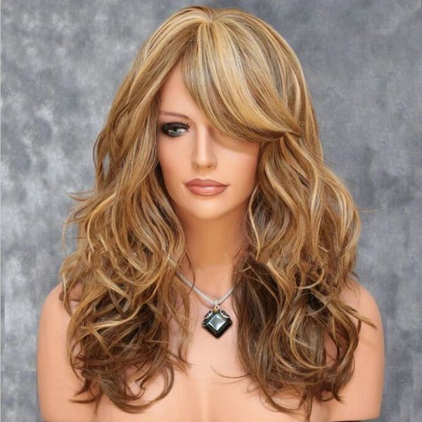 Градиент цвет волнистые синтетические парики для женщин естественные волновые парики с челкой с полным машинным париком средней длины парик