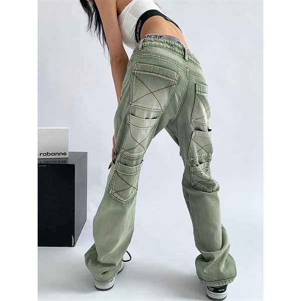Jeans verdi da donna Pantaloni larghi con tasche multiple lavati vintage Pantaloni casual da strada a vita alta larghi in denim da donna Estate 220811