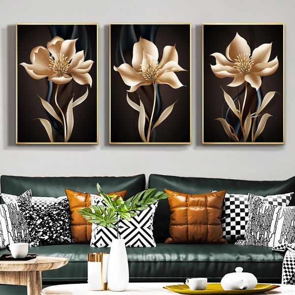 Abstract Flower Plant Wall Art Picture Postins Poster Linhas de ouro de luxo Modern Canvas Painting Posters e impressões para decoração de casa