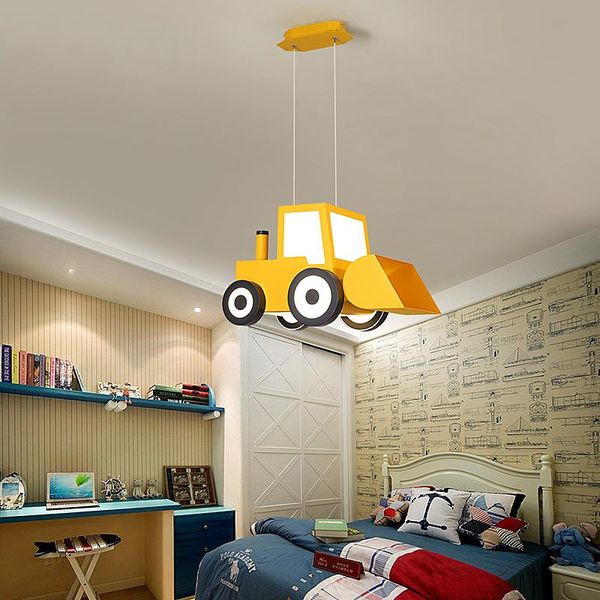 Lampade a sospensione Lampada per camera dei bambini Cartoon Bulldozing Car Blu Giallo Kindergarten Designer Lampadario Decorazione Illuminazione a tema KidsPendant