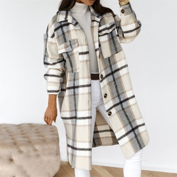 Herbst Winter Frauen Karierte Jacke Casual Drehen Unten Kragen Plaid Langen Mantel Weibliche Übergroßen Dicke Warme Woolen Mischungen Mantel 220819