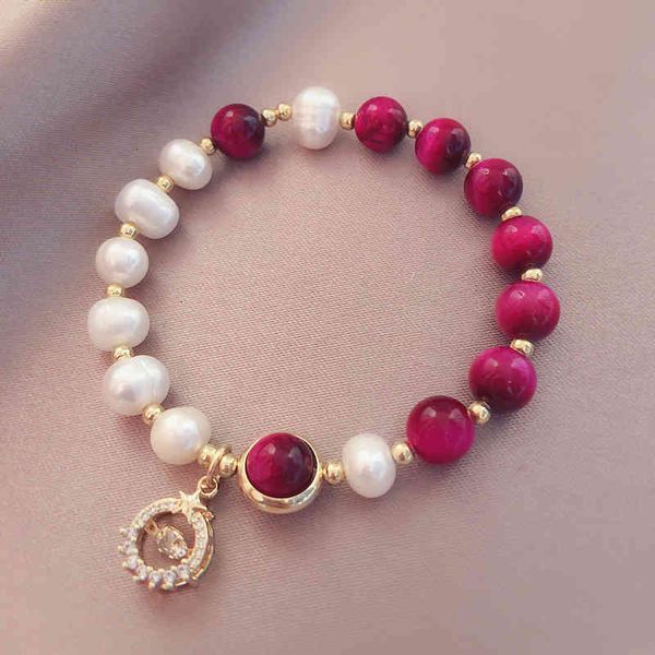 Pulseira designer de pulseira de cristal redondo pendente natal pérolas de água doce verde/rosa vermelho de tigre de tigre de pulseiras de miçangas para mulheres jóias de moda ybr475