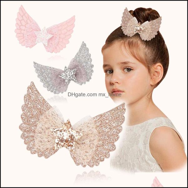 Acessórios para o cabelo 15586 meninas meninas Barrette Kids Shinning Bowknot Barrettes Crianças Angle Wing Fels Stars Hairpins Clip Acc Mxhome Dhv64