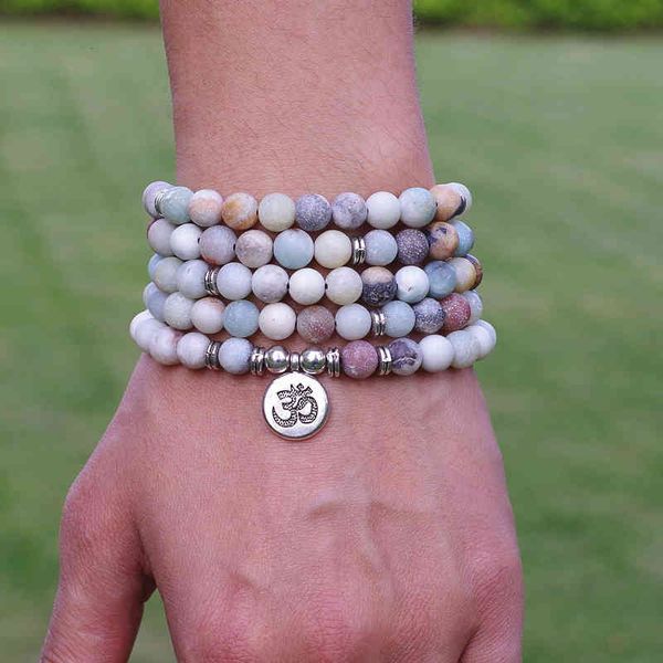 Braccialetto Designer Donna Uomo Gioielli 8mm Matte Ite Stone Beads Om Charm Strand Bracciale 108 Mala Yoga Chakra o collana