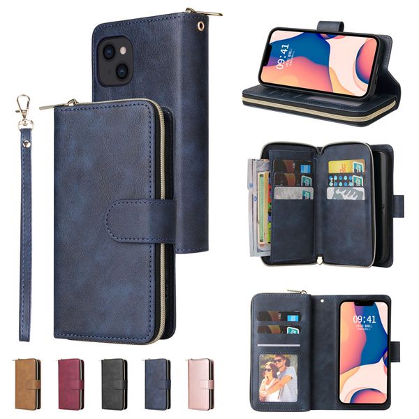 Slim Lanyard Folio 9 Slot per schede Custodia per telefono per Samsung Galaxy A13 A53 A33 A73 5G A12 A42 A52 A72 A32 A22 A82 A51 A71 A10S A20S Portafoglio multifunzionale con cerniera