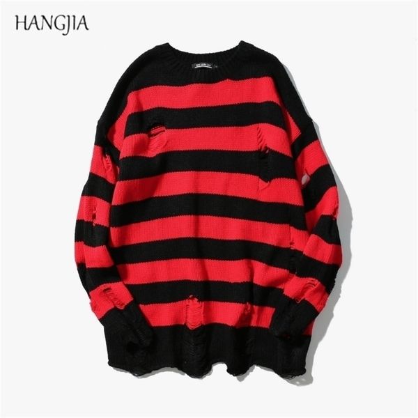 Blusas listradas vermelhas pretas lavadas destruídas Men Hole Knit Jumpers Mulheres Harajuku 220817