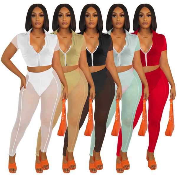 2023 einfarbig Mesh 2 Stück Sets Frauen Sportswear Lange Hose Zwei Stück Set Jogger Frauen Kleidung